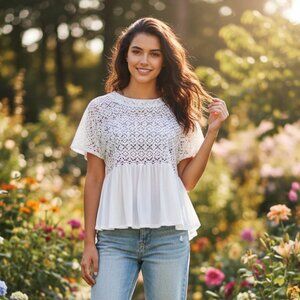 Daytrip S White Top Crochet Baby Doll Peplum Boho Cottage Fairy‎ Grunge Poet Mod